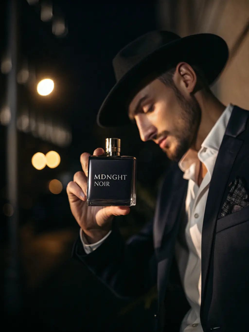 A customer smiling while holding a newly purchased cologne bottle, emphasizing the satisfaction of finding a great deal.